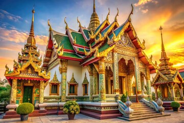 Fototapeta premium Vibrant colors and intricate details adorn the exterior of a stunning temple, showcasing Thailand's rich cultural heritage and ornate architectural style in morning sunlight.