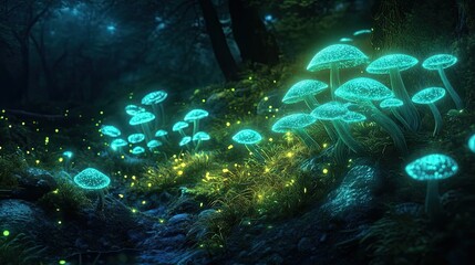 Fototapeta premium Glowing Blue Mushrooms in a Dark Forest