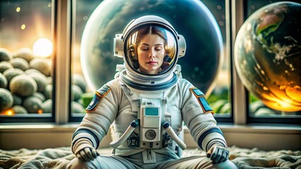 Picture of astronaut - man or woman in suit with helmet, meditating at lunar surface