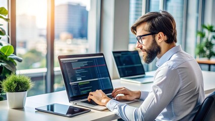 Software Developer Programming New Application on Laptop in Modern Office During Daytime, Focus on Code Screen and Hands, Concept of Technology and Innovation in Software Development