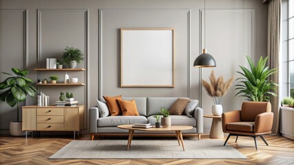 Mock up poster frame in stylish living room interior with modern furniture and decor, mock up, poster frame, modern