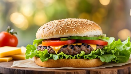A hamburger with lettuce, tomato, and cheese on a wooden board
