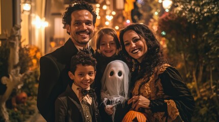 A family of four, each dressed in different Halloween costumes, standing in front of their decorated house.
