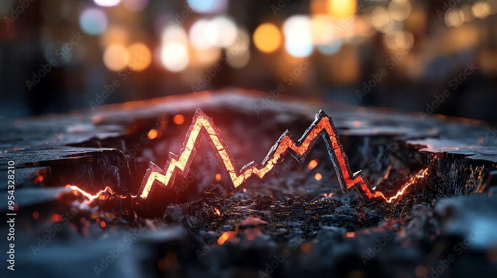 Poster a visual representation of data fluctuation, showcasing dynamic lines rising and falling against a b