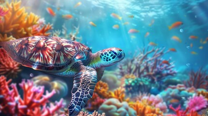 Obraz premium Exploring vibrant underwater turtle life amidst colorful coral reefs and diverse marine ecosystems