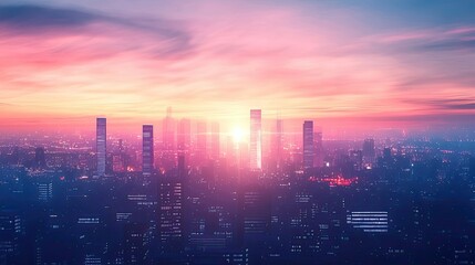 Fototapeta premium Cityscape with a Pink and Purple Sky at Sunset