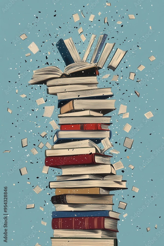 Aufkleber whimsical tower of knowledge: vertical stack of open books with cascading pages in illustration