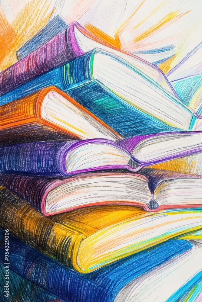 Poster illuminated pages - vibrant drawing of books with play of shadows and texture highlight