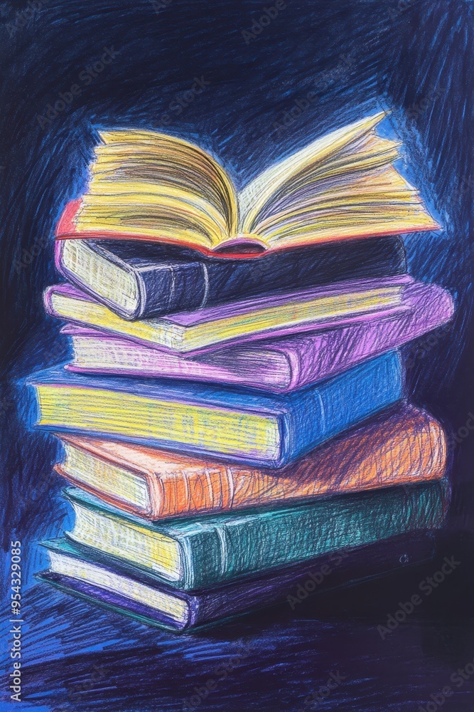 Poster illuminated knowledge - vibrant drawing of stack of books with textured pages and shadows