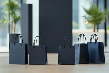 Chic model surrounded by shopping bags, Black Friday discounts galore, sleek modern aesthetic, retail advertising, minimalist design, contrast lighting,