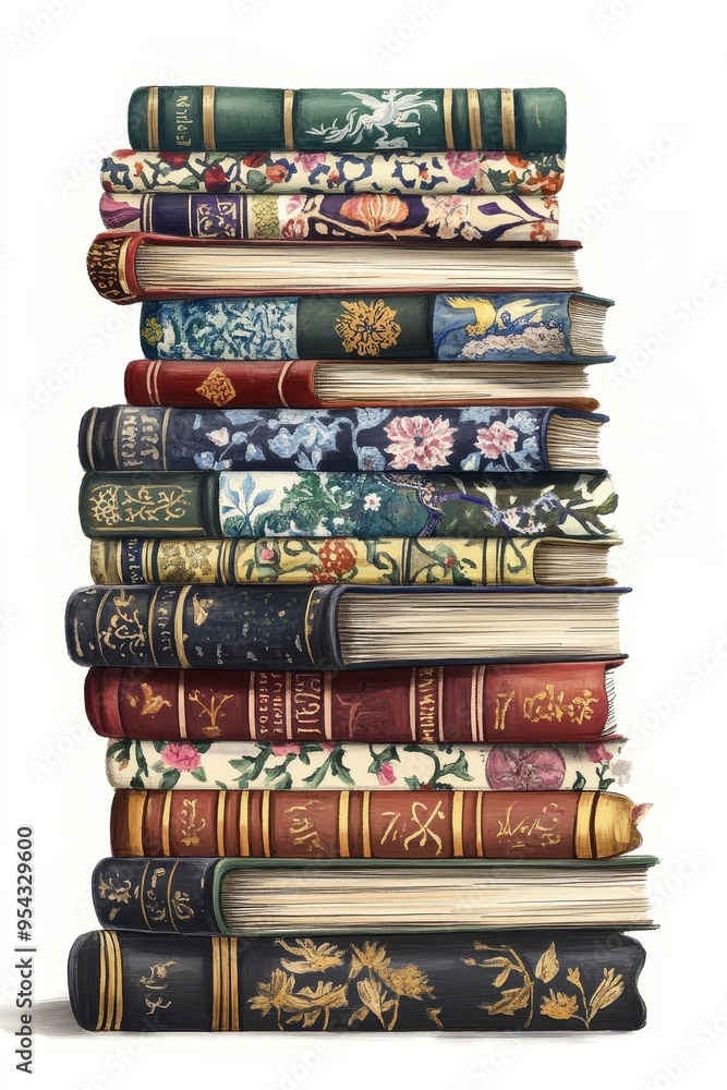 Poster towering stack of books: colorful spines with intricate patterns and text details