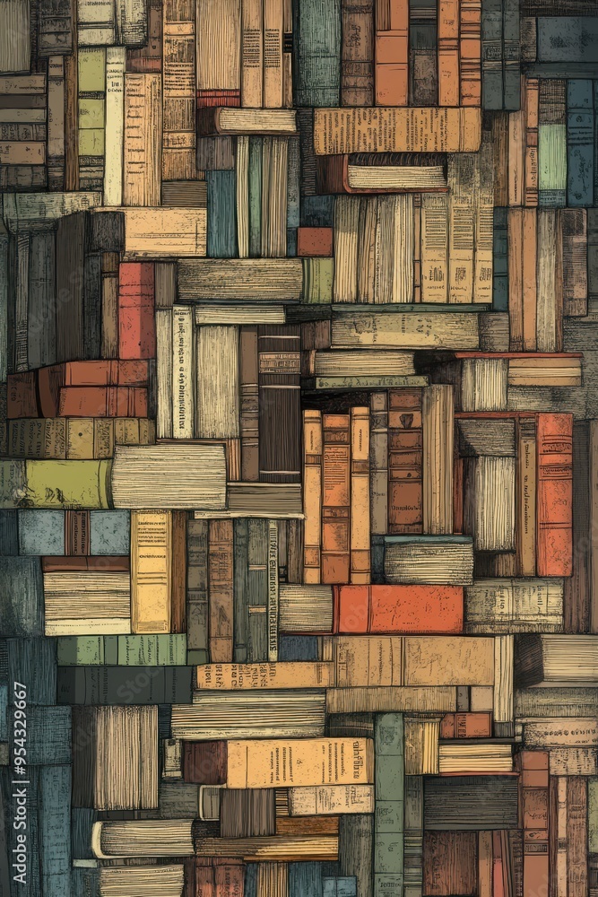 Aufkleber library of imagination: vertical stack of colorful books with intricate covers and pages revealing d