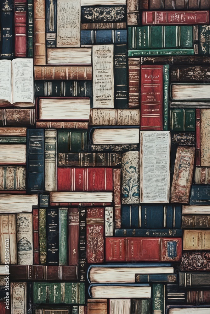 Poster library of imagination: vertical stack of books with intricate covers and open pages, depth percepti