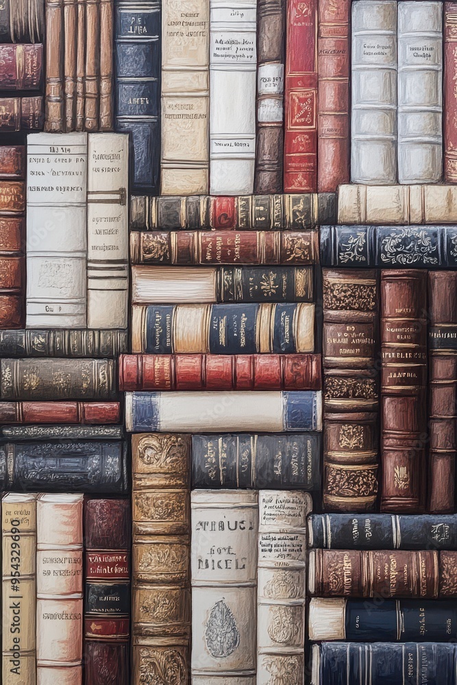 Aufkleber depth of knowledge - vertical arrangement of colorful books with intricate covers and open pages for