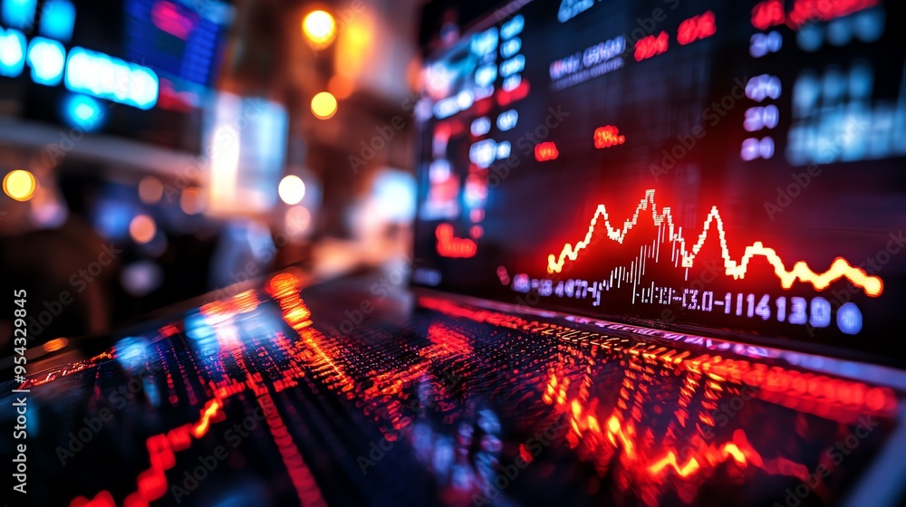 Poster Close-up view of a digital stock market display with fluctuating graphs and vibrant colors representing financial data.