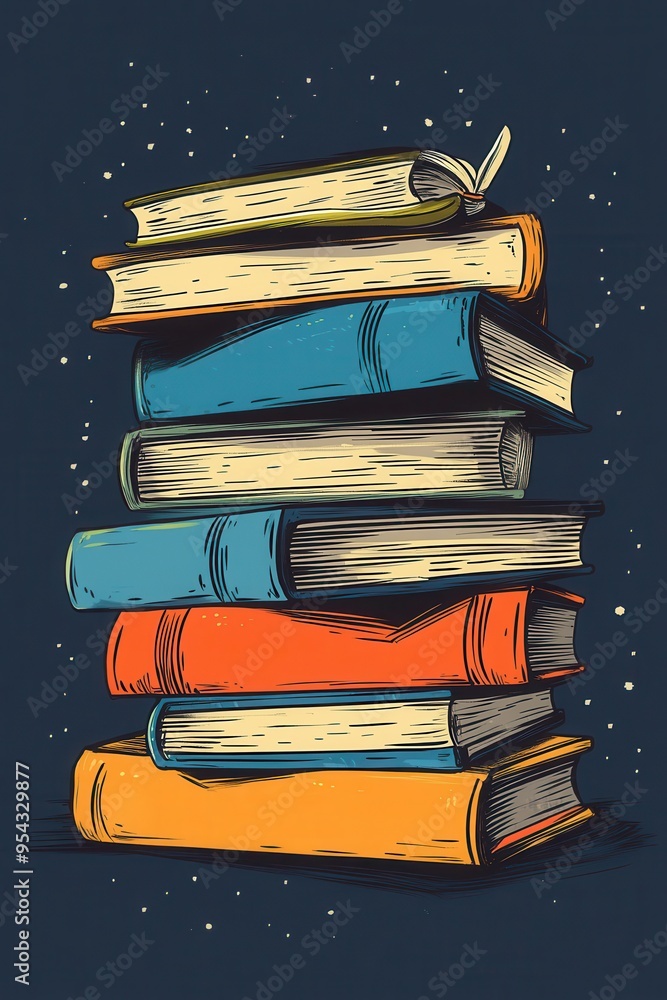 Poster academic load - vertical stack of well-used books with open pages in library collection