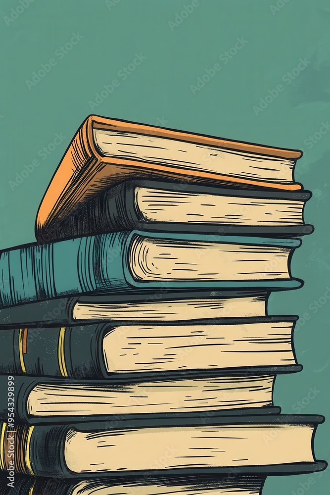 Aufkleber tower of well-read knowledge: vertical stack of books with open pages in library setting