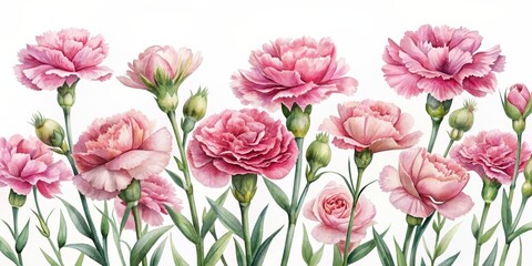 Fototapeta premium Watercolor of pink carnation flowers, watercolor,pink, carnation, flowers, floral, painting, art, botanical, nature, feminine