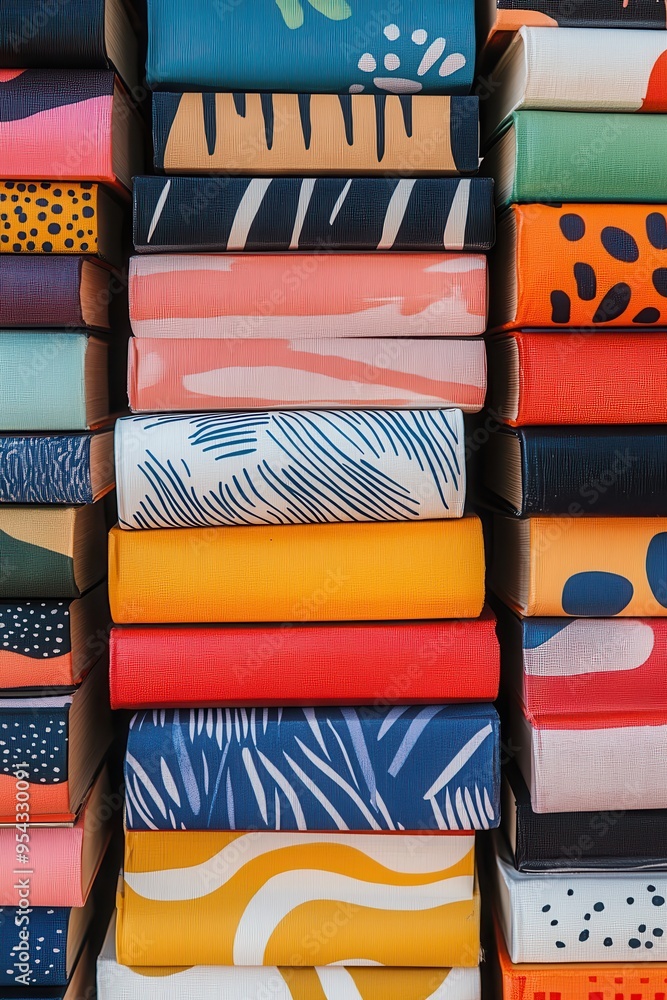 Poster â€œabstract patterns book stack - colorful vertical arrangement of vibrant books with unique designs