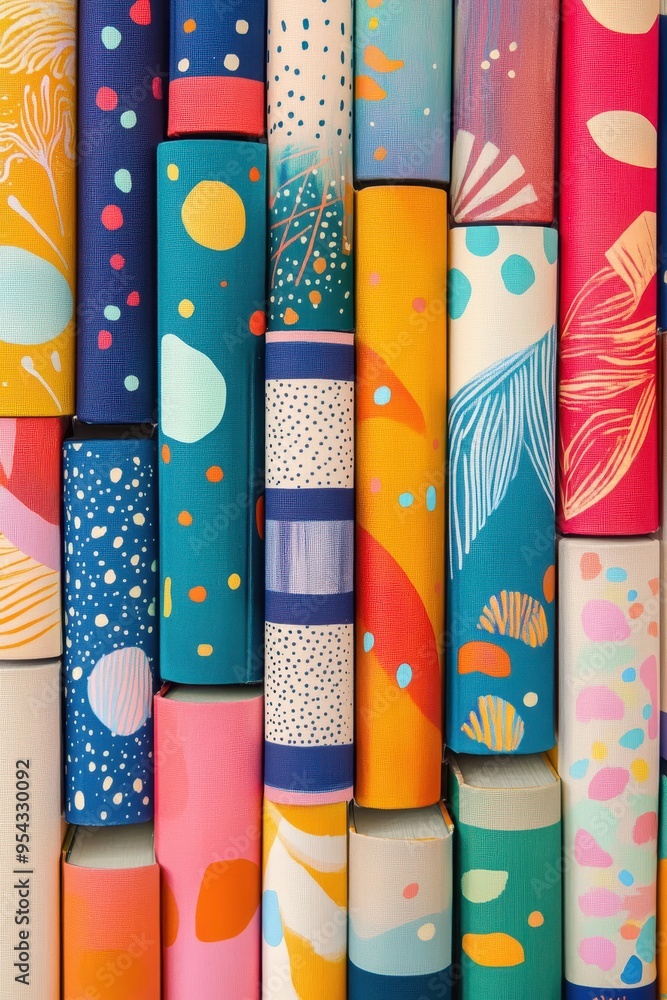 Poster vibrant abstract patterns on colorful books stack for creative bookshelf decor