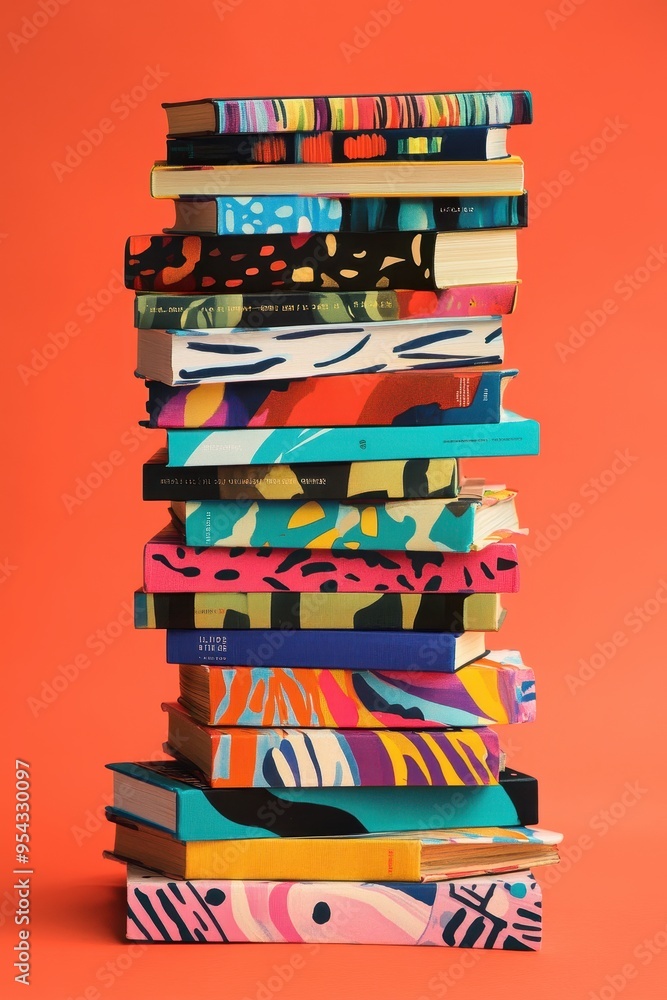 Poster abstract patterns book stack - colorful vertical arrangement of artistic covers for literature colle