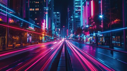 Obraz premium Neon Cityscape with Light Trails on a Busy Street at Night