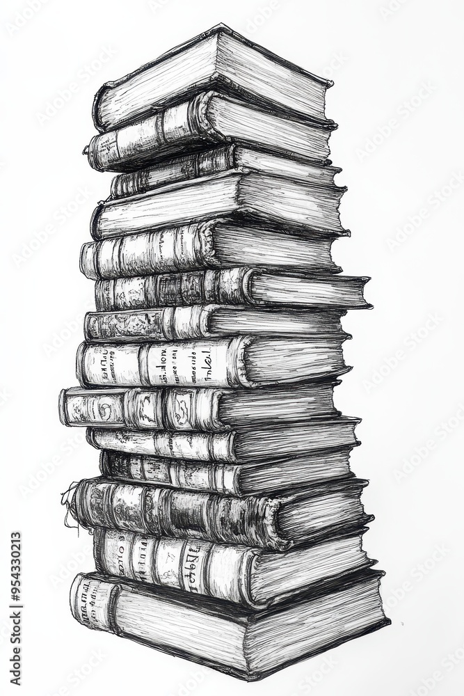 Poster towering stack of books with neatly aligned spines and peeking pages