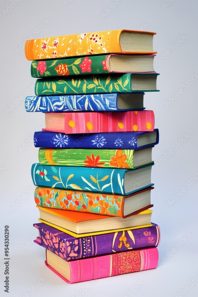 Poster tower of vibrant books - colorful vertical stack with unique covers and varying sizes for reading an
