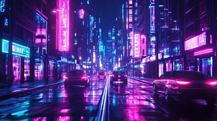 Obraz premium Cyberpunk City Street with Neon Lights and Cars