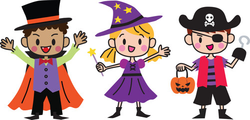 Cute kids in Halloween costumes. Vector Illustration.