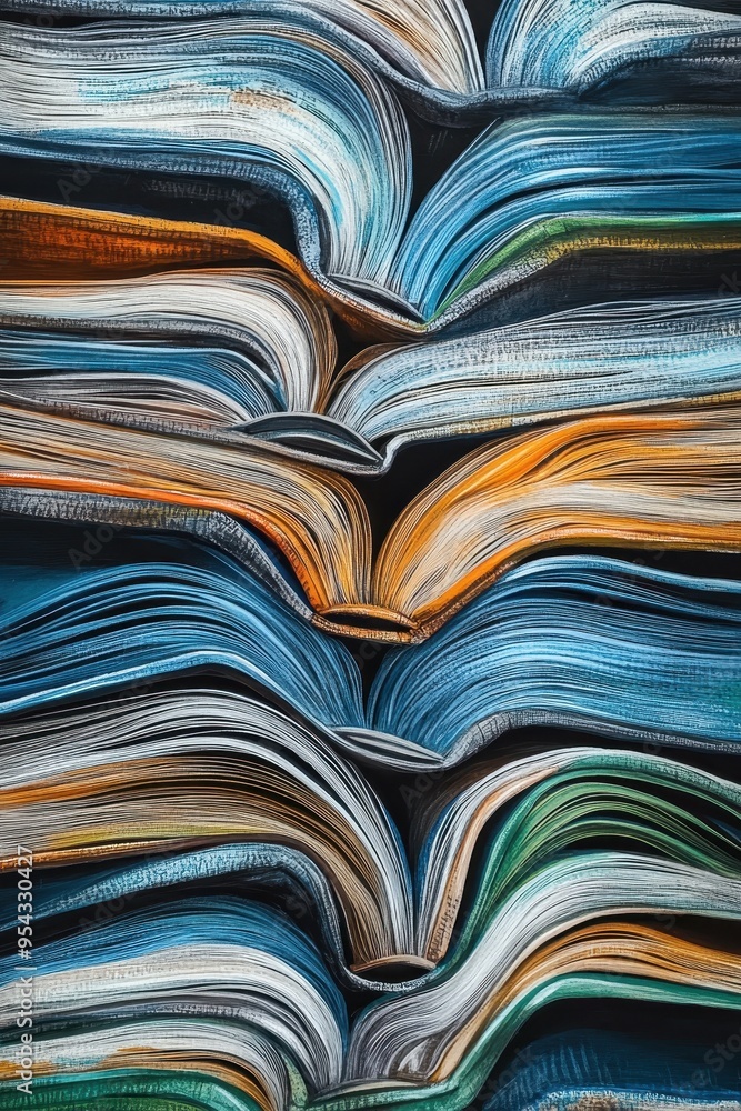 Poster pages of knowledge: illustration of textured stack of open books