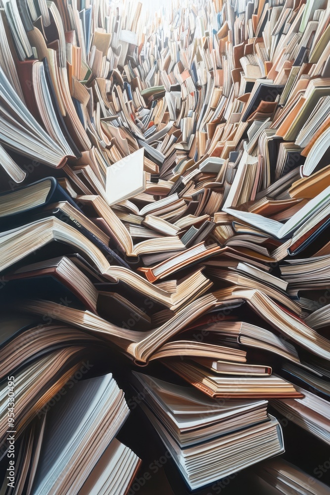 Poster literary motion: dynamic stacked books with pages aflutter