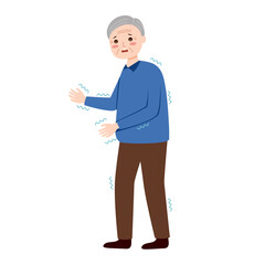 Elderly man with trembling symptoms of Parkinson's, cold or fear.