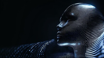 Abstract dot matrix digital human portrait illustration technology business network theme pattern represent data science, cyber security. Generative AI