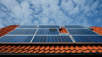 Solar Panels on a Red Roof Under a Blue Sky