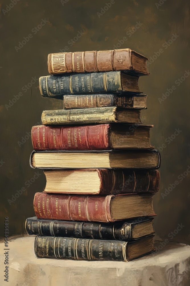 Aufkleber dynamic stack of books - artistic arrangement with leaning books creating a striking visual vertical