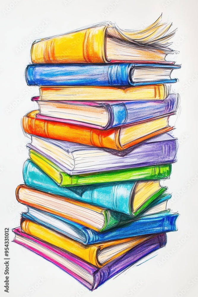 Poster towering stack of colorful books with pages open - conceptual illustration of knowledge and educatio