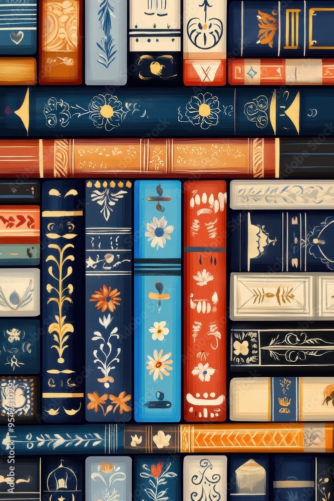 Poster tower of knowledge: vertical stack of books with ornate spines featuring text and patterns illustrat