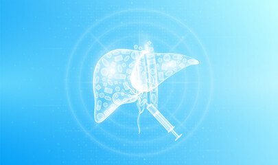 Medicine pills various in liver human and syringe. Overtreatment with antibiotics can have harmful effects on the organs. Medical science health care concept. Vector EPS10.