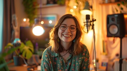 Beautiful host streaming her audio podcast in broadcast studio. ai generated image