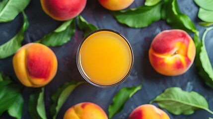 Fresh peach juice and fresh peach leaves in glass.