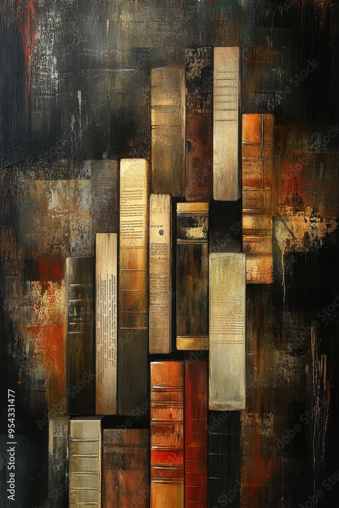Aufkleber creative stack of vertically arranged books with open pages in artistic display