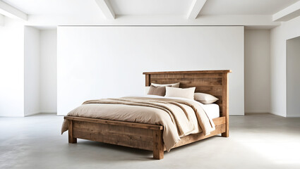 Bright Minimalist Bedroom with Rustic Wooden Bed and Neutral Bedding