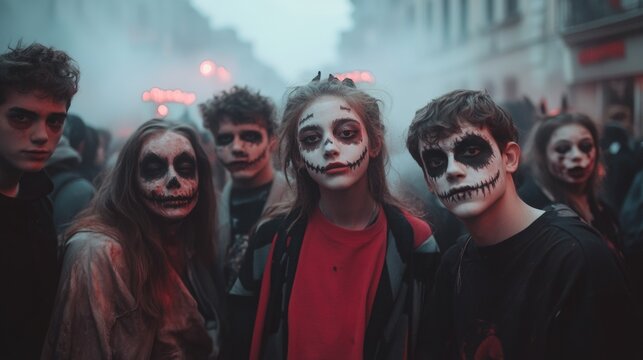 A group of teenagers dressed as zombies and vampires, standing in the middle of a street covered in fog from Halloween decorations, looking directly into the camera.