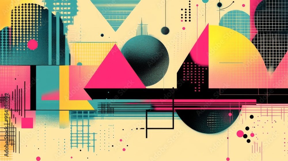 Poster abstract geometric composition with vibrant colors and patterns