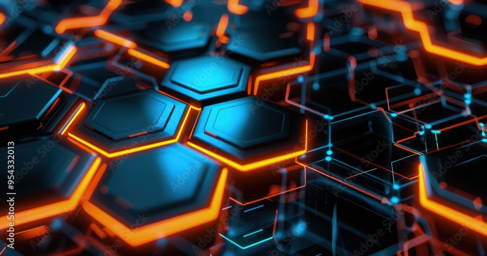 Poster a futuristic design featuring hexagonal shapes with glowing edges in a digital landscape.