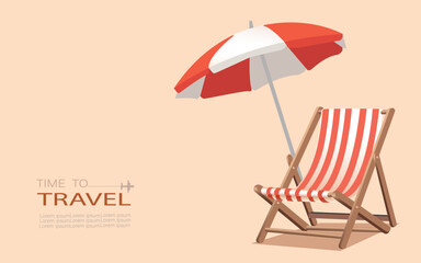 Time to travel  vacation icon beach sunbed with umbrella, wooden deck chair. Summertime relax. Sun lounger. Beach umbrella, beach chair. © Jertam2567