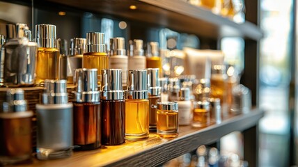 A captivating display of various perfume bottles on a shelf, showcasing elegant designs and rich colors, perfect for fragrance lovers.