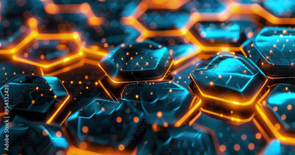 Poster a futuristic abstract design featuring hexagonal shapes with glowing edges and vibrant colors.