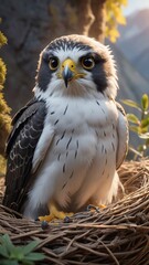 Fototapeta premium Mother falcon she is gray and white laying eggs in her nest on top of mountain